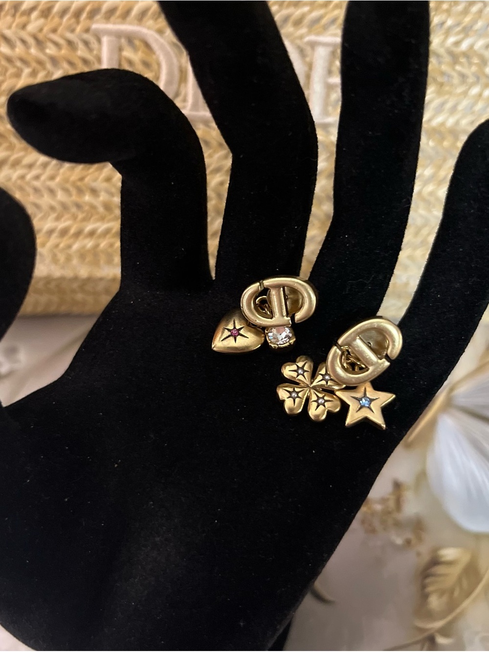 DIOR Gold-Tone Charm Drop Earrings with Star, Clover & Heart Accents